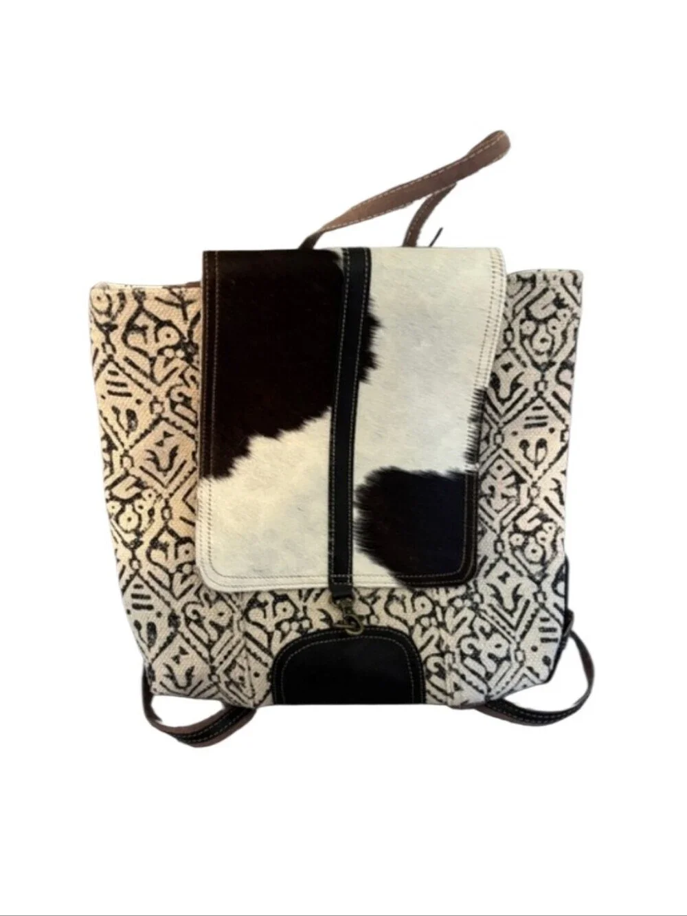 Myra Bags Cowhide Leather Black & White Cotton Nova Nest Backpack Tote NEW